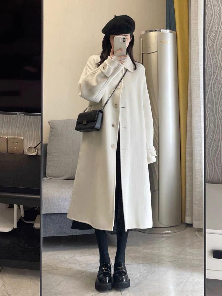 Hepburn Style Women's Woolen Lapel Coat - Long Sleeve, Loose Fit, Mid-Length, Winter Fashion