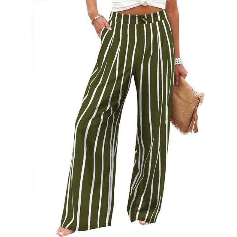 Women Solid High Waist Single Button Front Pleated Loose Wide Leg Comfort Casual Long Trousers