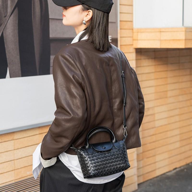 Handwoven Leather Crossbody Bag Adjustable Strap Dumpling Shape Medium Size Fashion Accessory