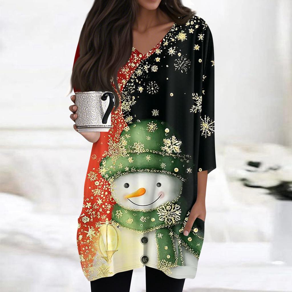 Womens Tops V-neck 3/4 Sleeve Blouses Casual Mid-length Shirts Fashion Christmas Print Tunic Tops With Pockets