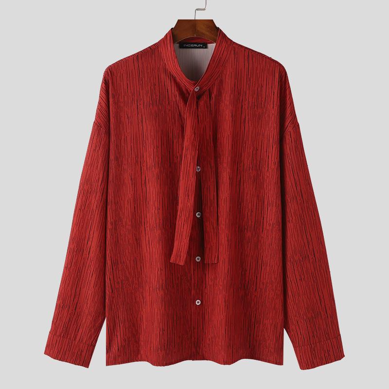 

INCERUN Большие мужские рубашки в полоску с длинным рукавом и воротником-стойкой, повседневные топы на осень L красный