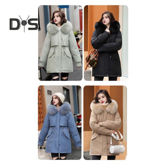 Winter-Daunenmantel, dick gepolstert, Plüschkapuze, mittellang, winddicht, Taschen, lange Ärmel, verstellbarer Kordelzug, Baumwolljacke für den Alltag