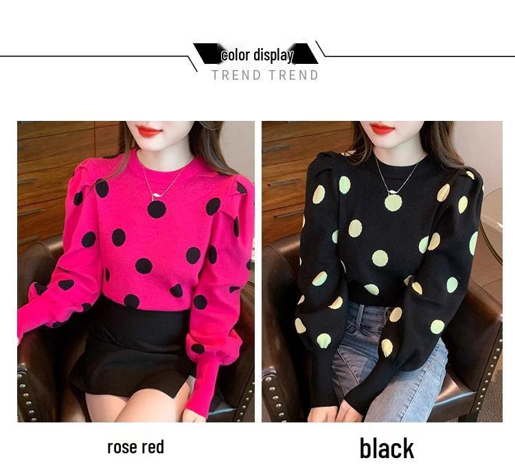 Autumn Polka Dot Puff Sleeve Knit Sweater - Slim, Versatile, Round Neck Style