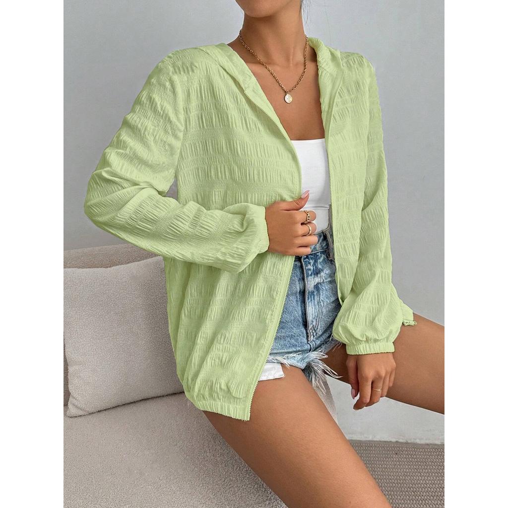 Women's Summer Thin Hooded Sun Protection Jacket, European American Ins Style Loose Zipper Outerwear for Women