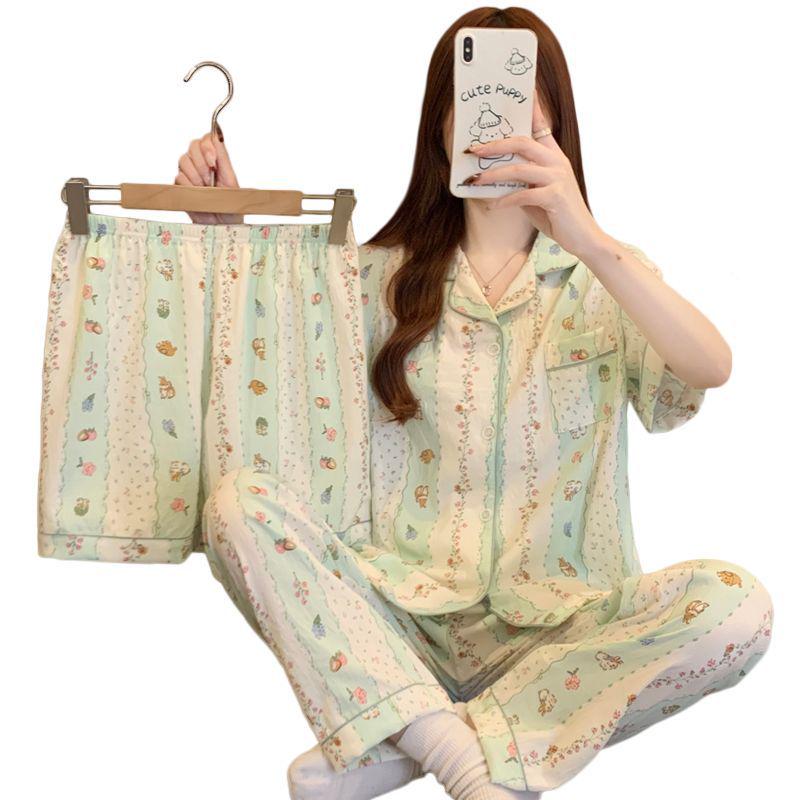 Women's Cloud Cotton Three-Piece Pajama Set - Spring/Summer Short-Sleeve Lapel Cardigan, Sweet Forest Girl Homewear Style
