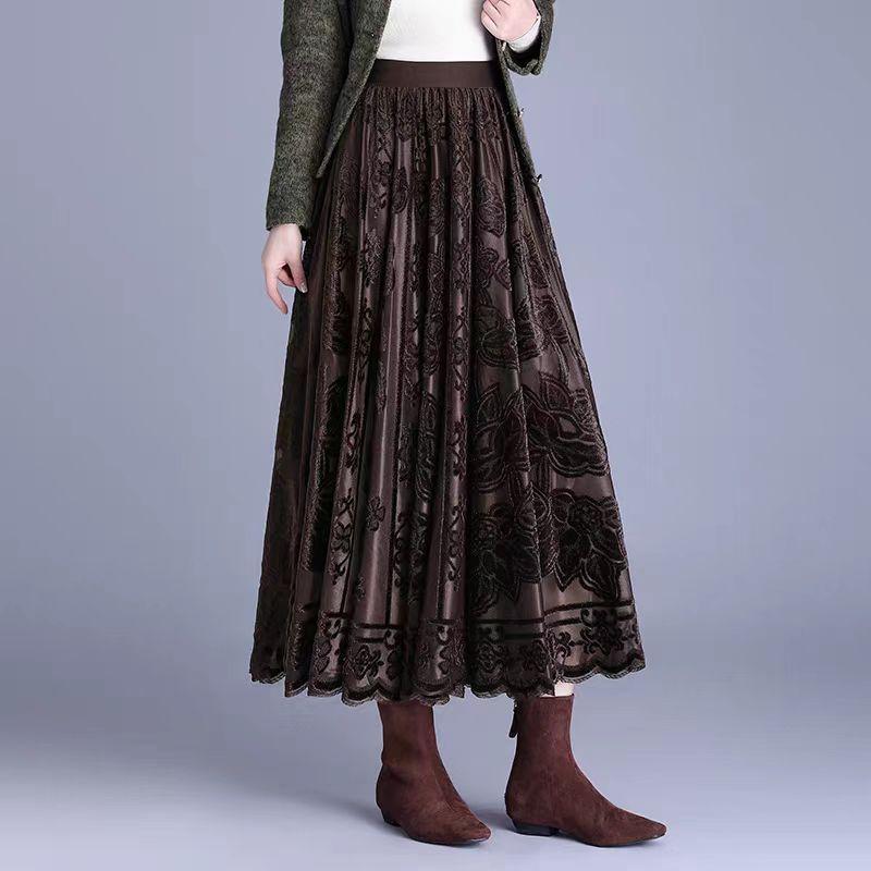 Women's Mesh Flocked Skirt Wide Flare High-Waisted Elastic Waist Gold Velvet Skirt A-line Pleated Skirt