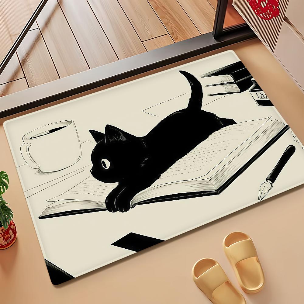 Cute Kawaii Black Cat Door Mat Bath Microfiber Decorative Versatile Flannel Floor Mat Quick Dry Absorbent Non-slip Sole