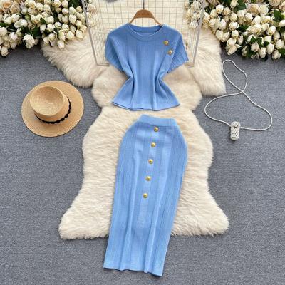 Summer Women Gold Button Knitted Sweater Outfits Short Sleeve Pullover Top and Midi Bodycon Skirt Two Piece Set