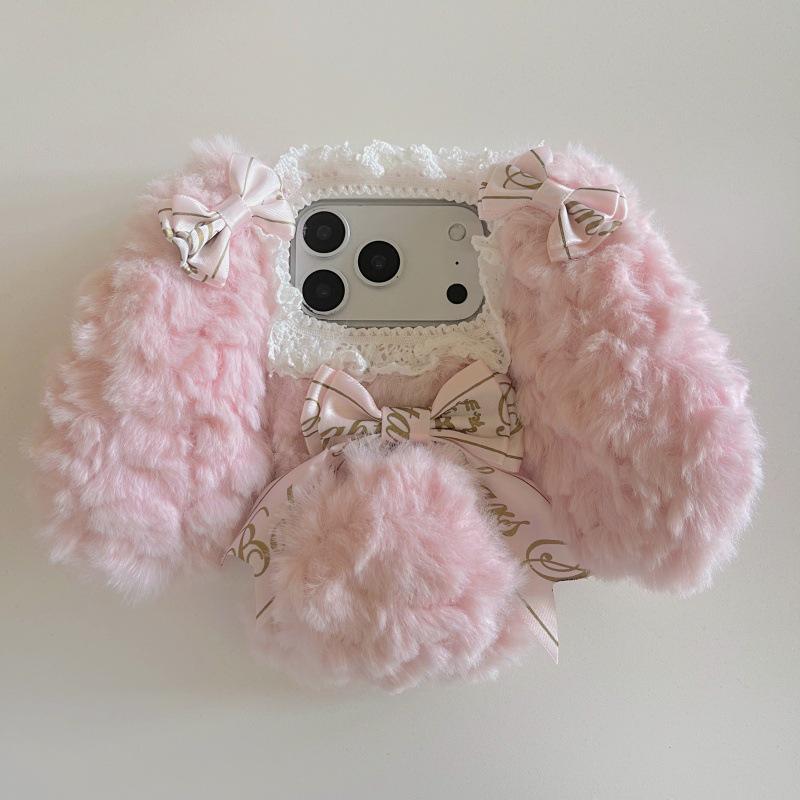 

Однотонний плюшевий чохол-кролик або ведмедик з мереживним бантом для iPhone 16 Pro/17 Pro Max iPhone 16 Pro
