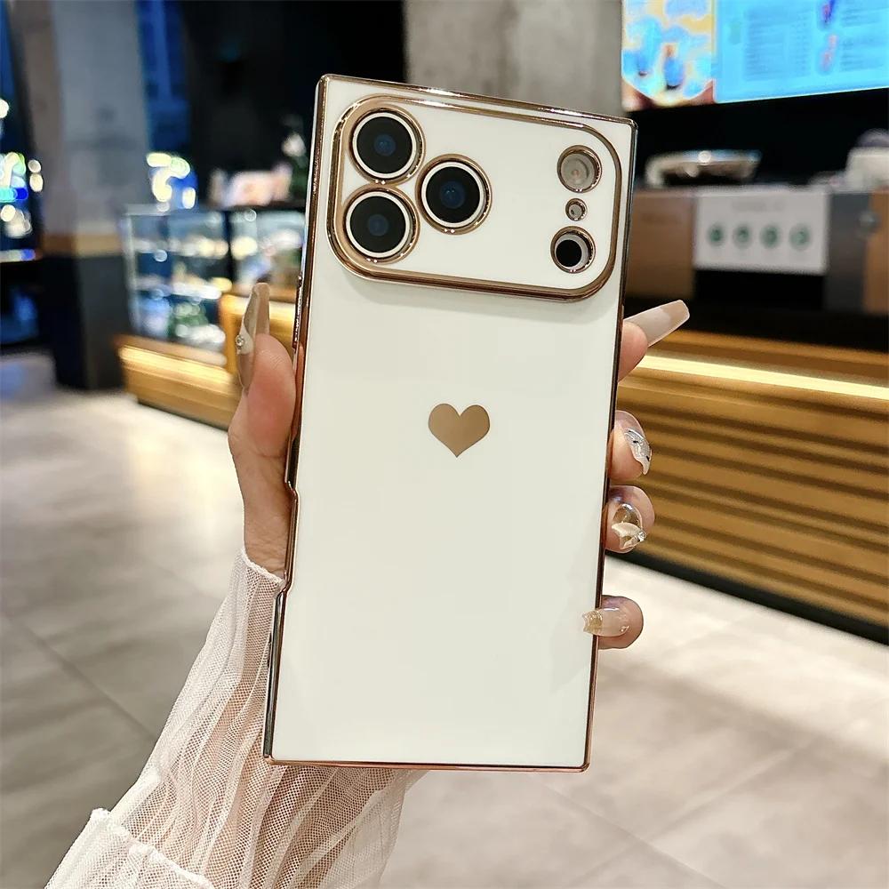 Fashion Plating Glossy Silicone Heart-Shaped Case For IPhone 17 Pro Max Air 16 15 14 13 12 11 Plus Shockproof Bumper Back Cover