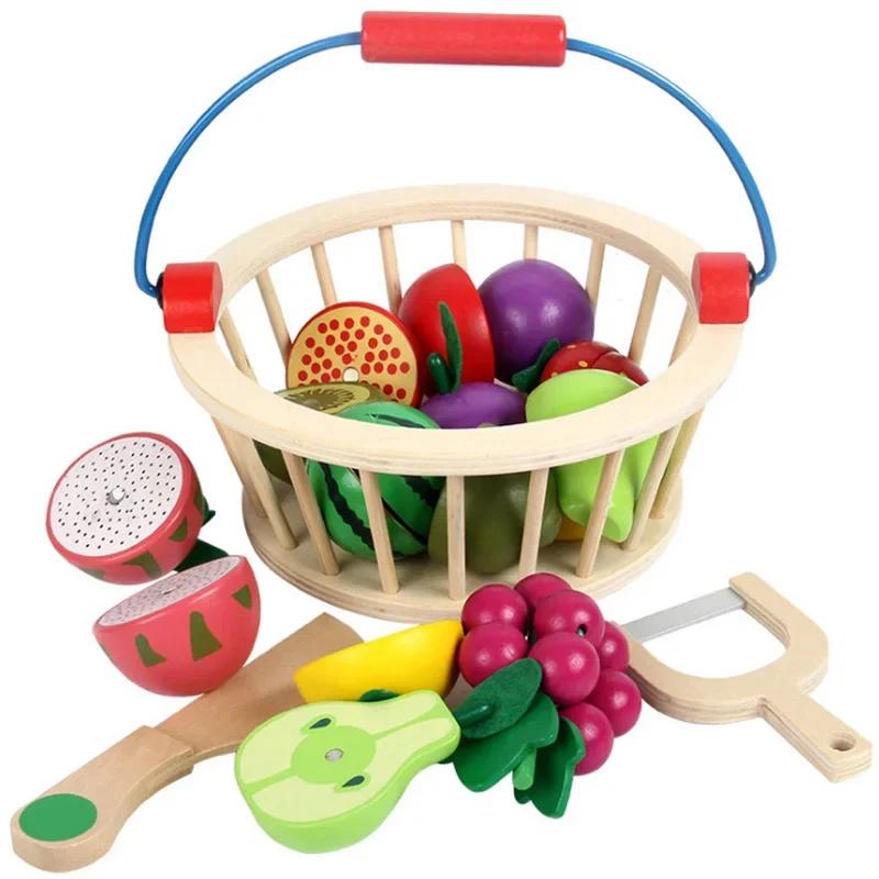 Wooden Magnetic Cut Food Toy Set - Emulational Fruits Vegetables Basket Educational Kitchen Play Game for Toddlers & Babies