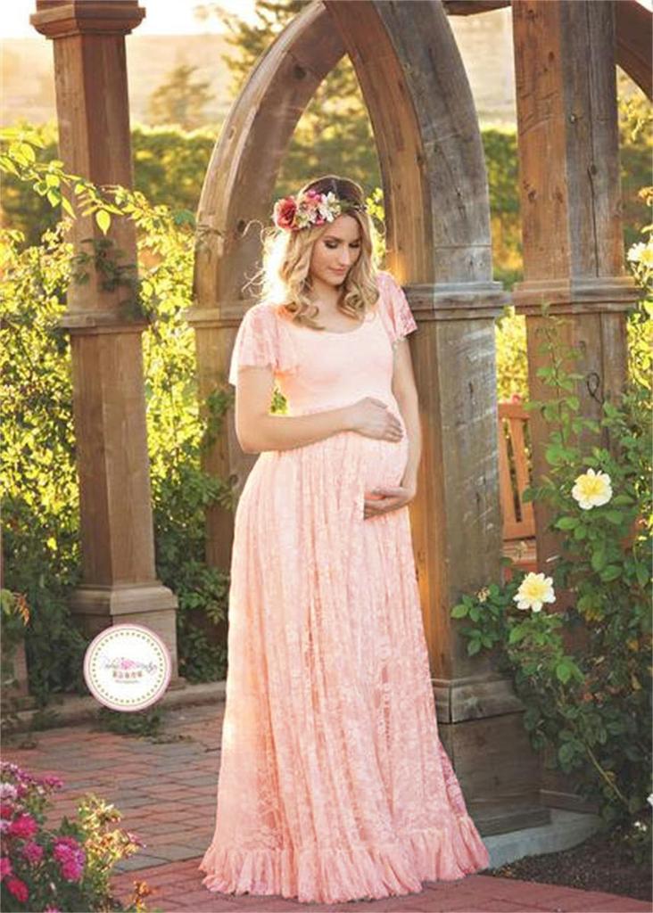 Euro Womens Lace Ruffle Short Sleeve Long Dress With High Waist For Summer Casual Wear