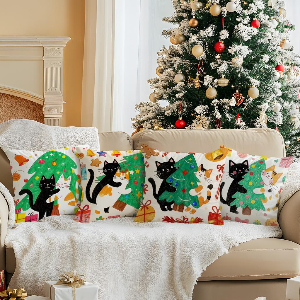 Christmas Tree Cat Cushions Pillowcase Polyester Cushion Cover Throw Pillow Pillowcover Home Car Sofa Decor