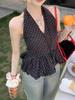 Women's Chic Black Polka Dot Halter V-Neck Slim Fit Summer Vest