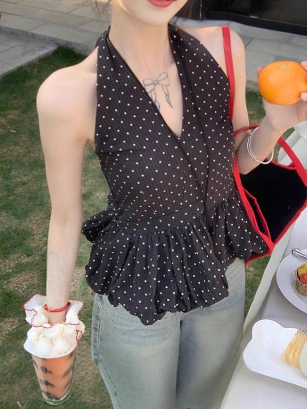Women's Chic Black Polka Dot Halter V-Neck Slim Fit Summer Vest