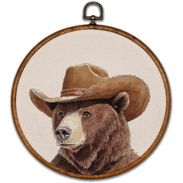 BCUANGD Vintage Animal Round Wall Art Decor - Retro Bear Neutral Wall Art Canvas Frame Artwork Prints, Rustic Moody Country Round Wall Hanging