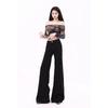 American Low-Waisted Slimming Black Flare Jeans - Cute Casual Wide Leg Duster Pants