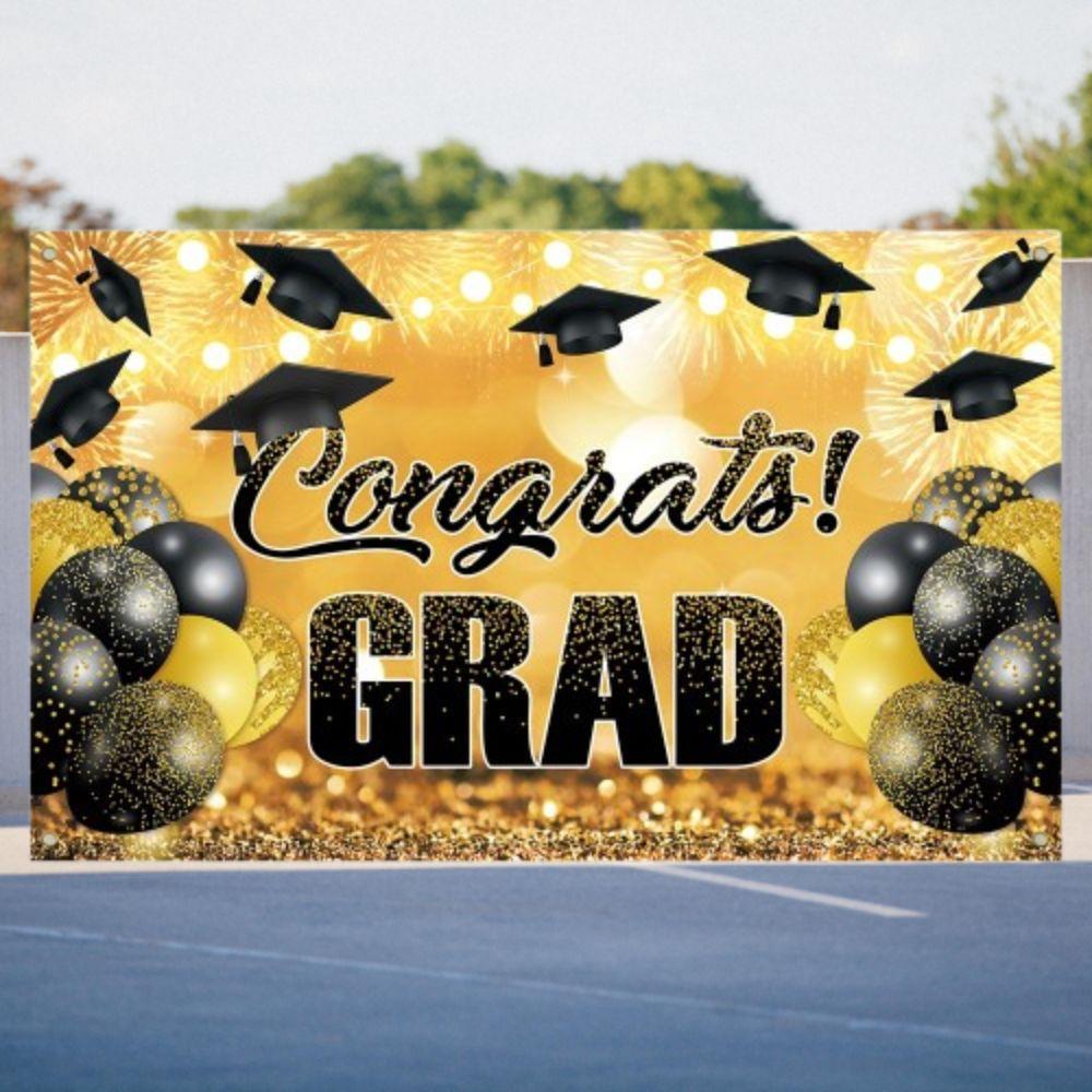 Black Gold Glitter Graduation Season Background Congrats Grad Happy Graduation Banner  Adults Kids
