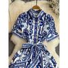 Chinese Style Print Women's Dress Lapel Short Sleeves Belt Single Breasted Contrast Color Dresses 2024 Summer New 27C216