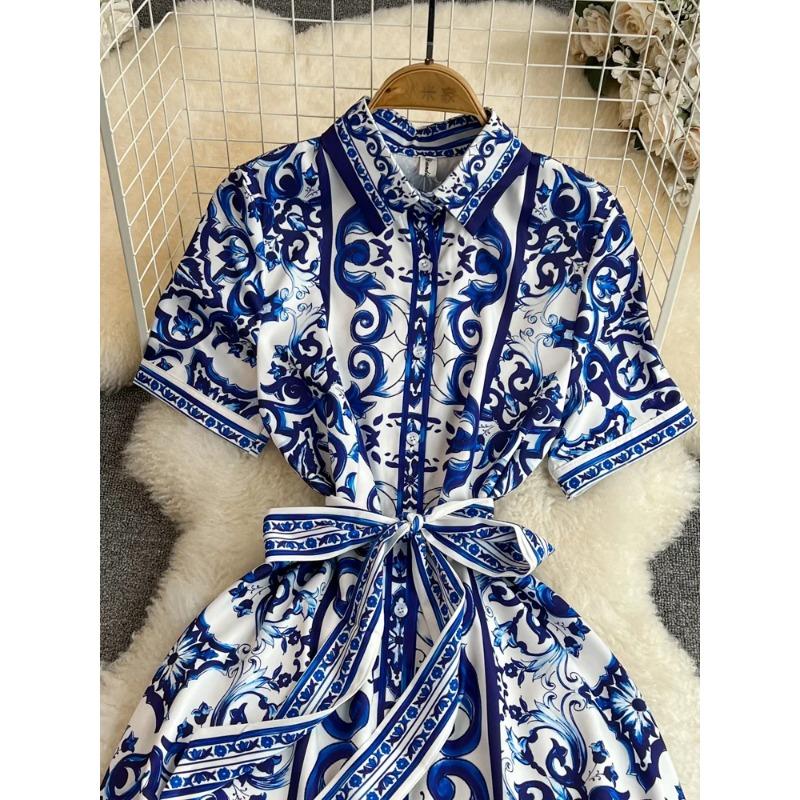 Chinese Style Print Women's Dress Lapel Short Sleeves Belt Single Breasted Contrast Color Dresses 2024 Summer New 27C216