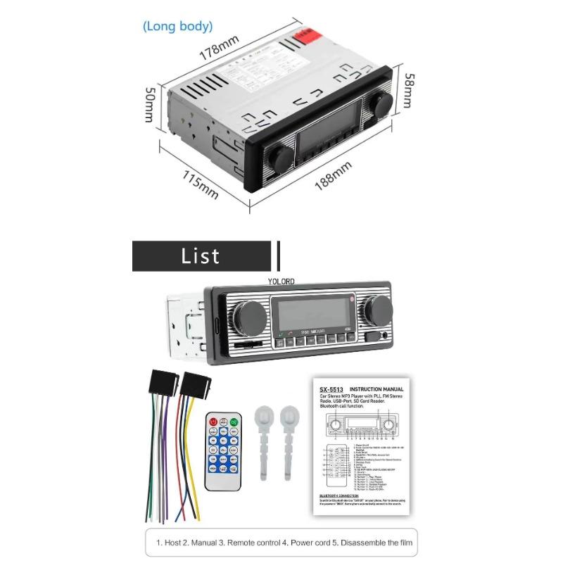 

Автомобильный радиоприемник Bluetooth, винтажный MP3-плеер с двумя ручками, FM-тюнер, стерео, USB, AUX, классический автомобильный ретро-аудиоприемник, аксессуары для динамиков чёрный