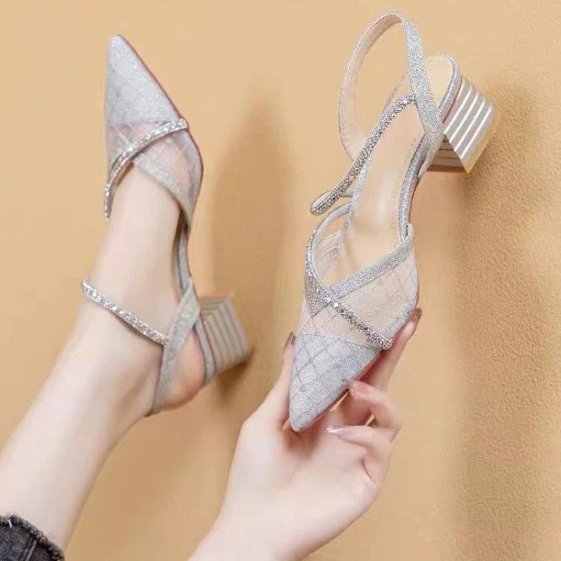 Rhinestones Pointed Toe Ladies Shoes Mesh With Medium Heels Women's Closed Sandals Comfortable and Elegant Summer Sale 2025 Shoe