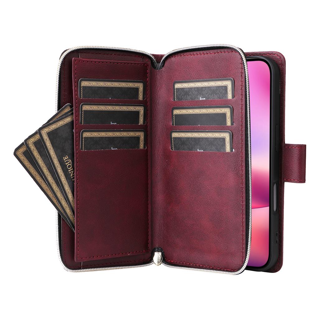 For iPhone 17 Case Zipper Pocket 9 Card Slots PU Leather Phone Cover with Hand Strap