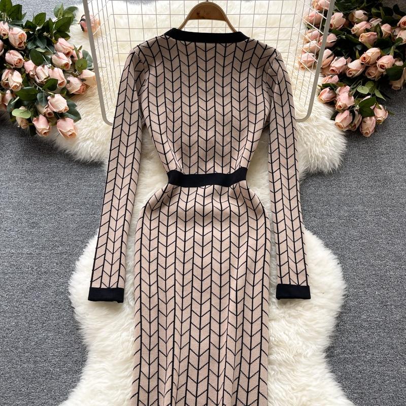 Women Design Plaid Knitted Dress Long Sleeve V Neck Single Breasted Slim  Sheath Dresses Autumn Bodycon Sweater Dress Buy cheaply on Joom