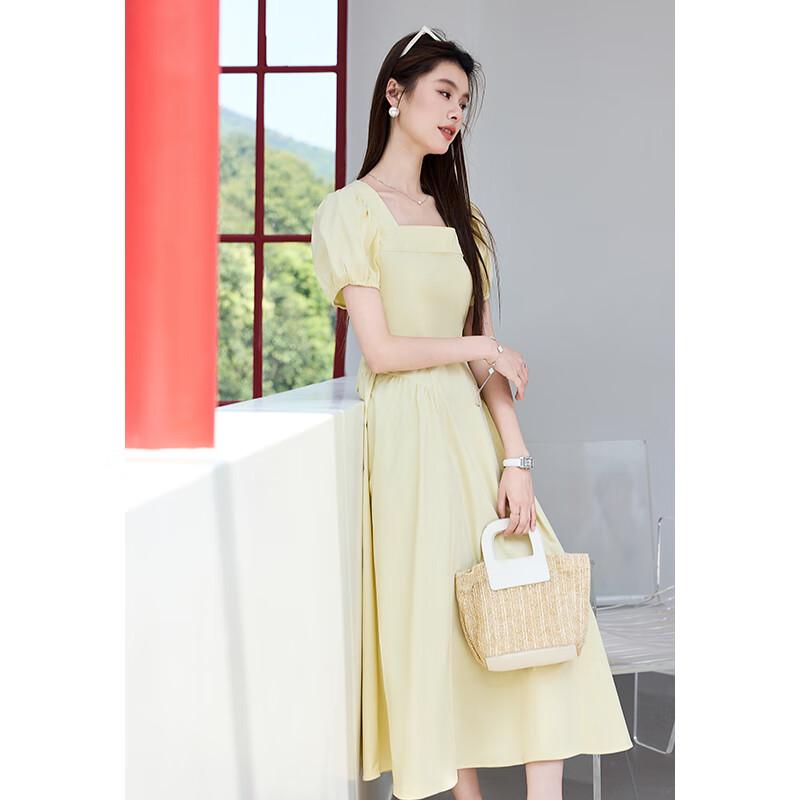 VICTORIA&VERA Women's French Square Neck Puff Sleeve Midi Dress