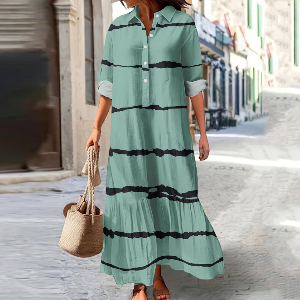 Women's Fashionable And Elegant Autun And Winter Button-down Lapel Long-sleeved Printed Dress