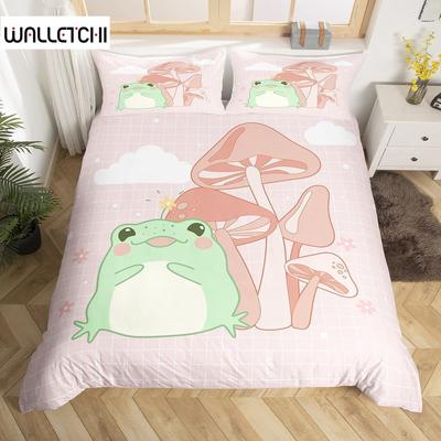 Frog Duvet Cover Set Cute Kawaii Cartoon Frog Pattern King Queen Size Polyester Comforter Cover With Pillowcase For Kids Girls