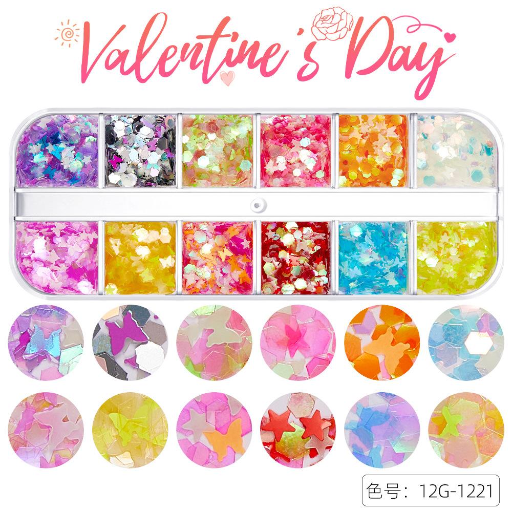 12-Gitter Valentinstag Nailart Pailletten, Glänzende Bunte Liebessterne Sechseckige Pailletten Nailart Schmuck