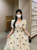 Lined Square Neck Floral Puff Sleeve Dress for Pear-Shaped Women - Long, French Style