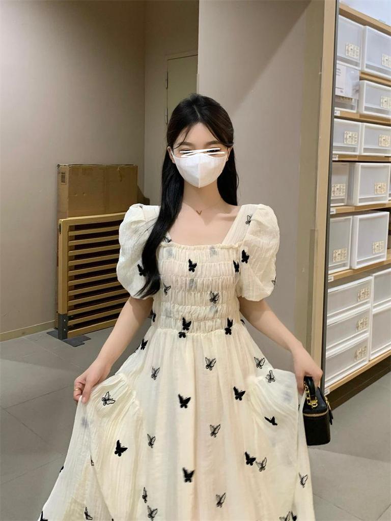 Lined Square Neck Floral Puff Sleeve Dress for Pear-Shaped Women - Long, French Style