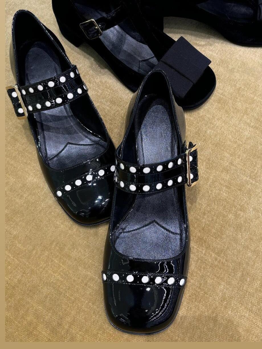 

Sheepskin version~ engraved leather Mary Jane shoes women s one-word buckle strap thick heel single shoes small leather shoes ladyshoes 40