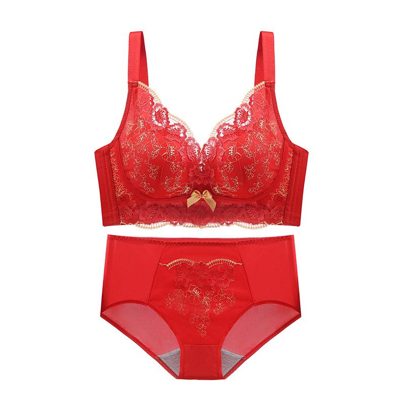Benming Year Red Bridal Push-Up Bra Set for Women - Adjustable, Small Chest