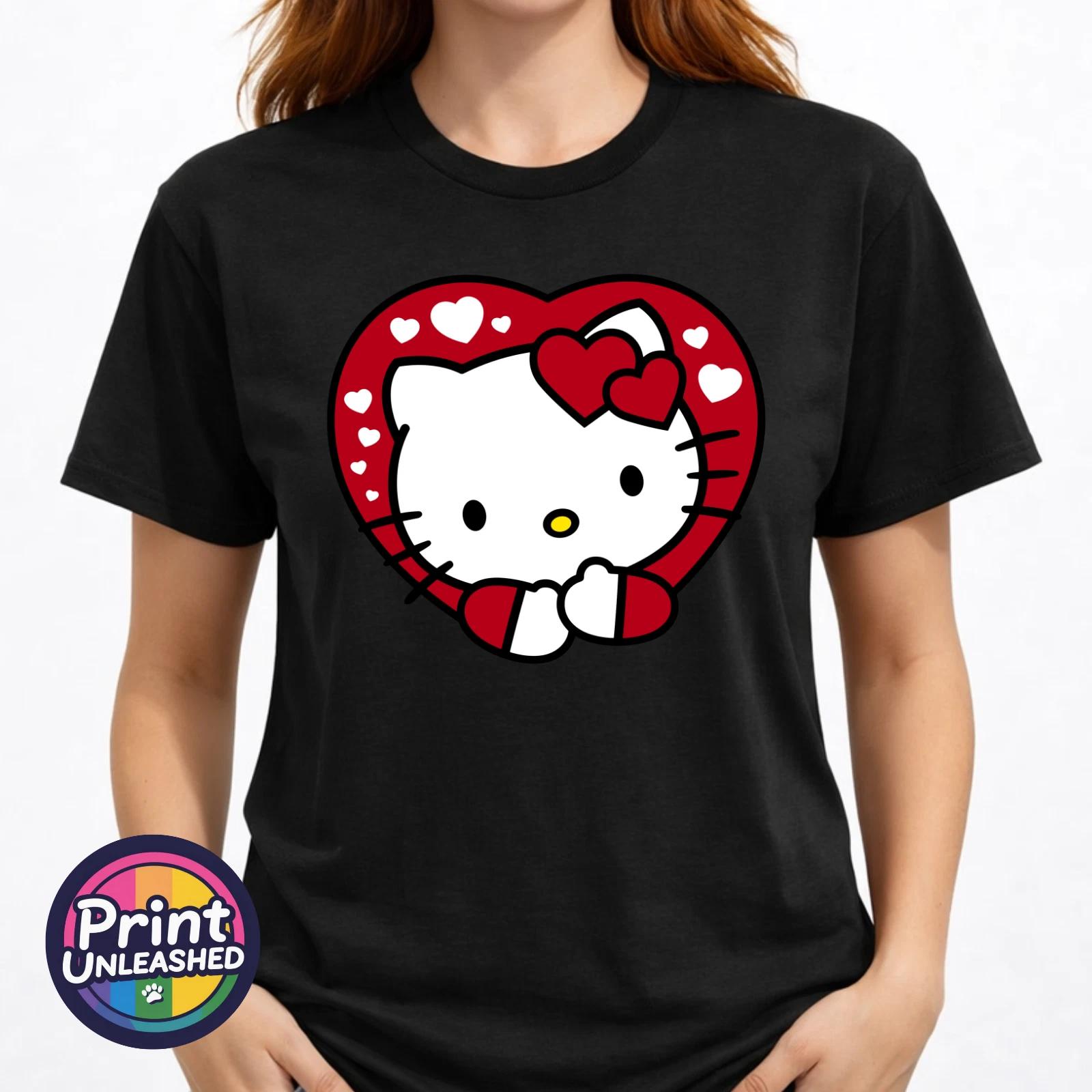 Kitty Tee Love Heart T-Shirt Gildan 100% Cotton Cute Cat Top Gift Unisex M