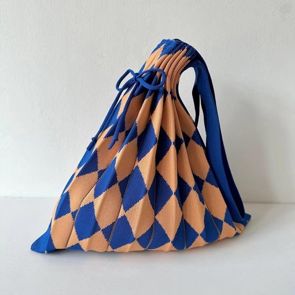 Accordion Style Knitted Shoulder Bag Rope Drawstring Diamond Grid Foldable Handbag Heart Lantern Weave Reusable Eco