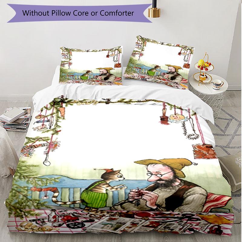 3pcs Duvet Cover Set (1*Duvet Cover + 2*Pillowcase, Without Core), Pettersson und Findus Print Soft All‑Season Bedding Set, Home Bedroom Decor Gift
