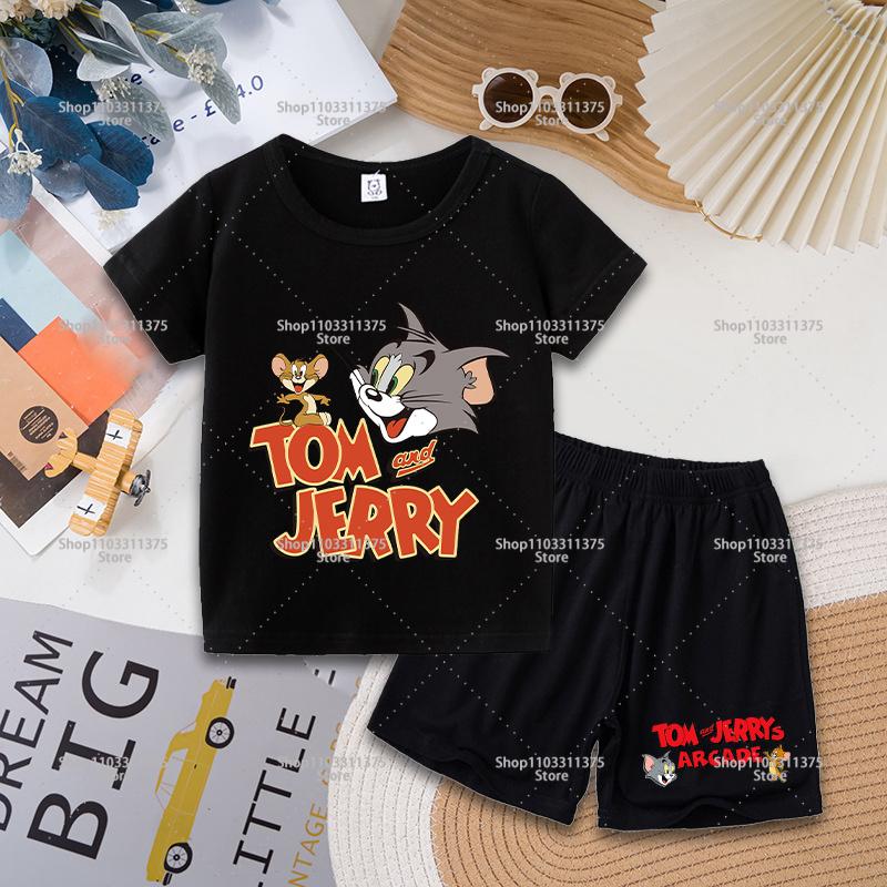 Tom and Jerry T-shirt Shorts Set Cute Cartoon Printed Casual Wear Fashion Summer Boys Girls Clothes Birthday Gift Tops Sportwear
