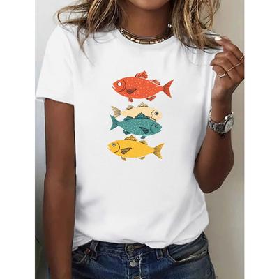 T-shirts com Padrão de Peixes Coloridos Casual Manga Curta Gola Redonda Top Confortável Moda Diária Estampada Roupas de Verão Femininas
