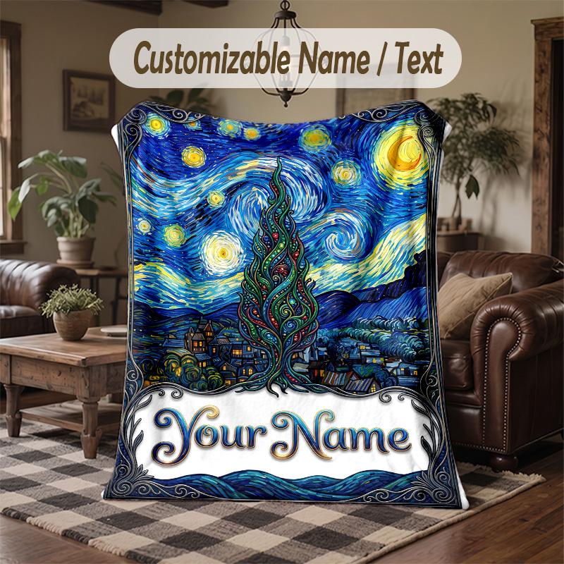 Starry Night Cat Garden Theme Throw Blanket Custom Name Text Personalized Blanket Soft Cozy Blanket for Home Sofa Bed