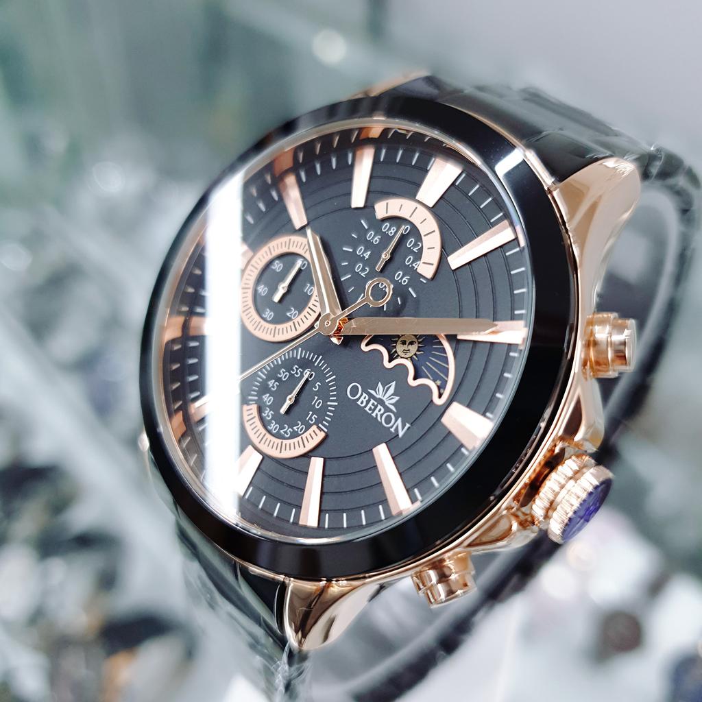 Obelon Men'S Sun And Moon Phase Chronograph Metal Band Watch Ob-914 Rgbk