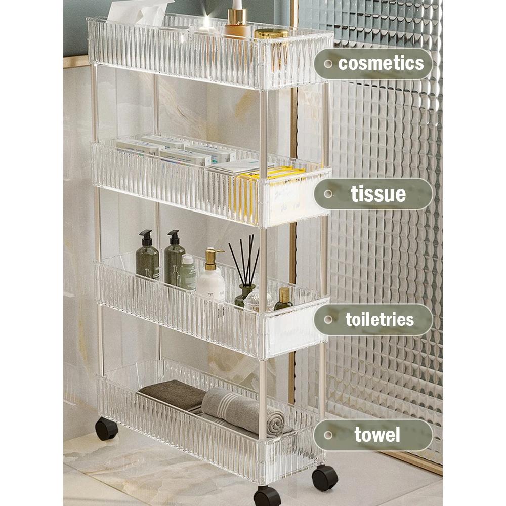Acrylic Clear Trolley Rack Movable Rolling Utility Cart Narrow Gap Storage Rack with Wheels Bathroom Removable Shelf 2/3/4 Layer