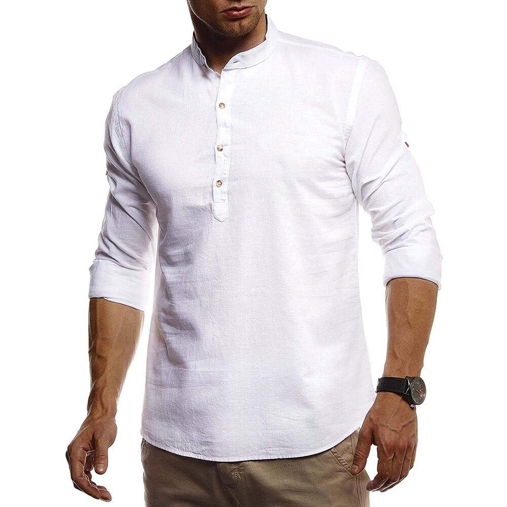 Men Stand Collar Pullover Hemp Shirts 