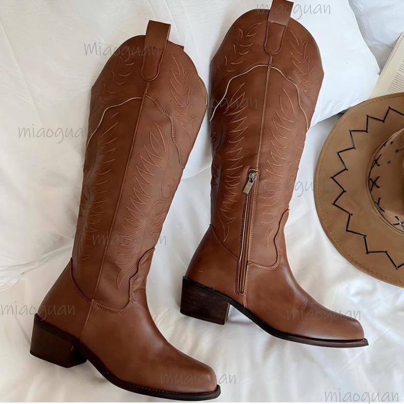 Vintage Totem Print Side Zip Pu Riding Boots Women Medium Heel Western Boots Women 2025 Winter Sexy Knee High Shoes