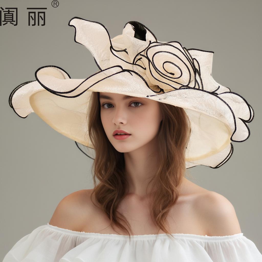 European and American Fashion Organza Hat Women's Summer Elegant Flower Fashion Big Edge Cool Hat Beach Sunscreen Sun Hat Tide