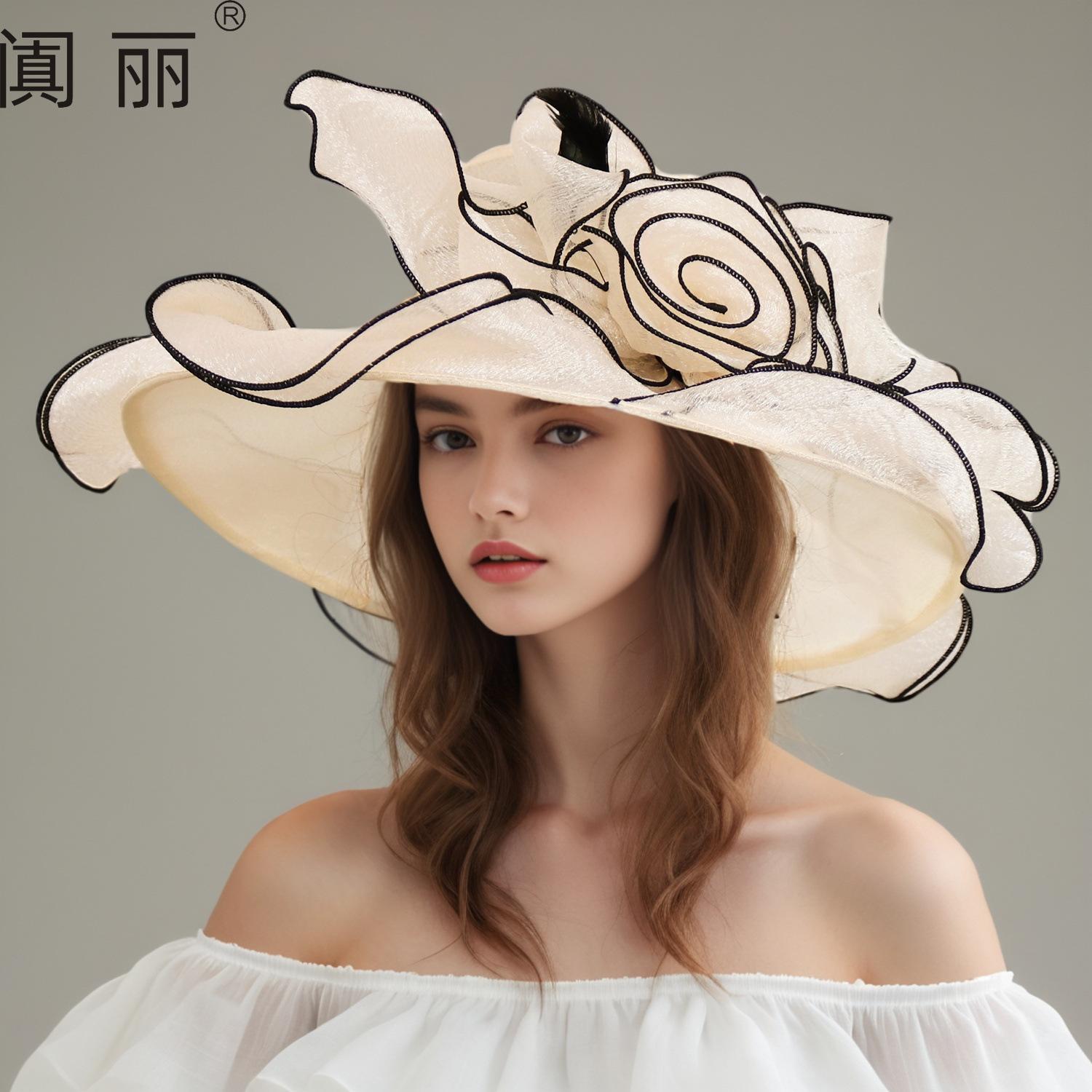 

Fashion organza hat women s summer elegant flower fashion big edge cool hat beach sun hat tide M（56-58cm）