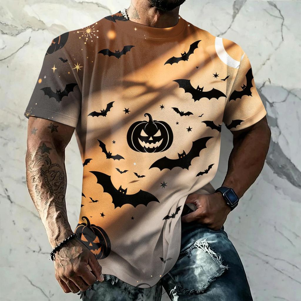 Men's Halloween Vintage Short Sleeve T Shirt Loose Breathable Summer Sports Streetwear Casual Daily Top with Pumpkin and Bat Print