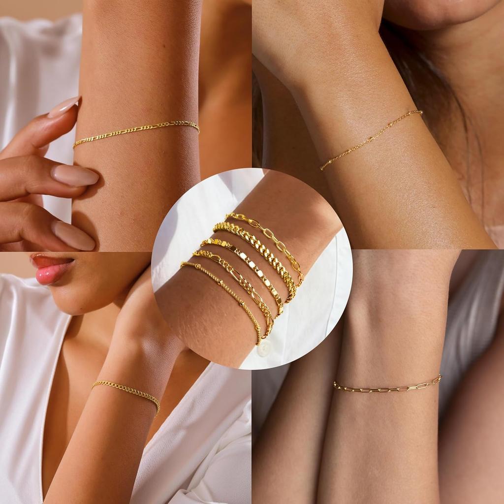 Gold Bracelets Set for Women Non Tarnish Trendy,14K Gold Plated Dainty Stackable Paperclip Cuban Link Chain Bracelets, Simple Cute Cuff Bracelets
